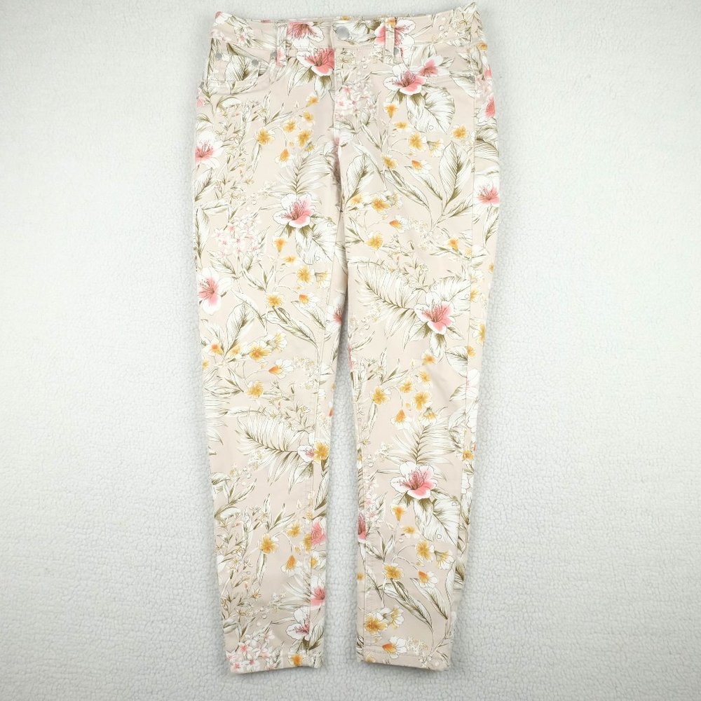 Suko jeans Womens 8 Beige Pink Yellow Floral Retro Tapered Cropped Stretchy